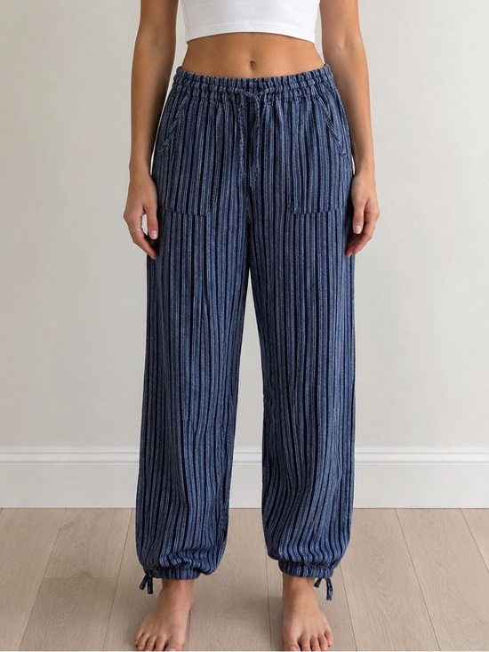 Vintage Pants - Vintage 90s Blue Striped High Rise Elastic Waist Crop Pants Women’s Medium